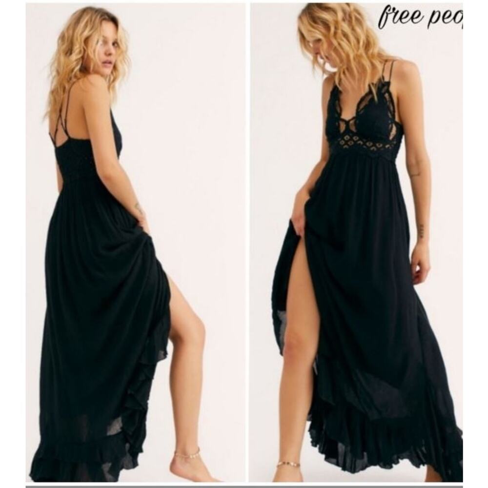 Free People Adella Maxi Slip Dress Black Lace Boho Tiered Crochet Lace L - Picture 4 of 12